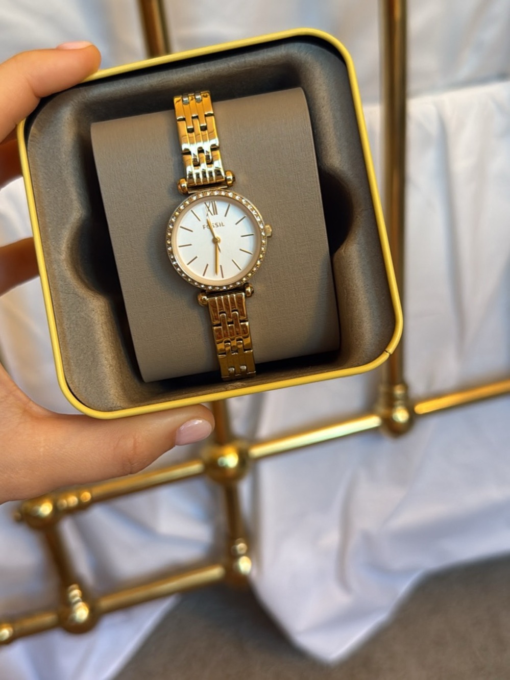 Fossil Women's Gold Bracelet Watch with White Dial and Crystal Bezel